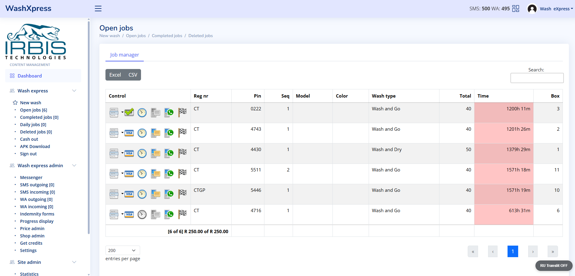 Wash Express live open jobs screen showing vehicle queue and job controls